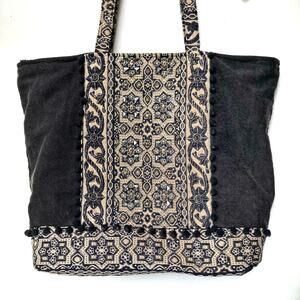 America & Beyond Black Embroidered XL Tote Bag | Resort Beach Travel Boho Chic